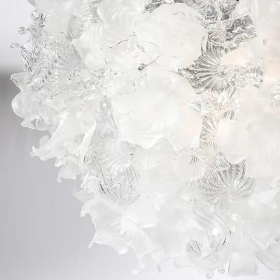 Modernist Hand Blown Frosted Clear Murano Glass Ethereal Bloom Bud Chandelier