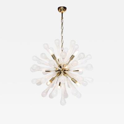 Modernist Hand Blown Frosted White Murano Glass Brass Sputnik Chandelier