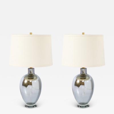 Modernist Hand Blown Mercury Blue Murano Glass Table Lamps with 24K Gold Flecks