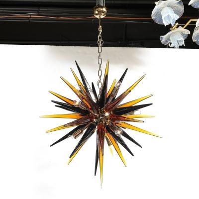 Modernist Hand Blown Mixed Smoked Murano Glass Spike Form Sputnik Chandelier