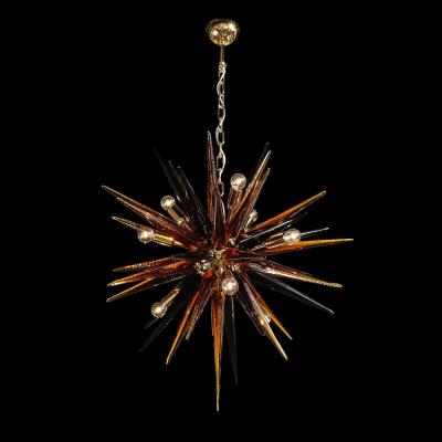 Modernist Hand Blown Mixed Smoked Murano Glass Spike Form Sputnik Chandelier