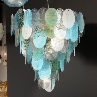 Modernist Hand Blown Murano 7 Tier Textural Disc Chandelier in Mixed Aquamarine