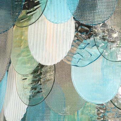 Modernist Hand Blown Murano 7 Tier Textural Disc Chandelier in Mixed Aquamarine