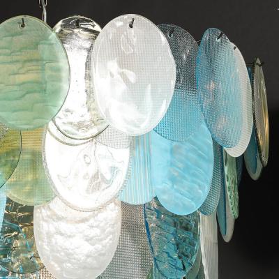Modernist Hand Blown Murano 7 Tier Textural Disc Chandelier in Mixed Aquamarine