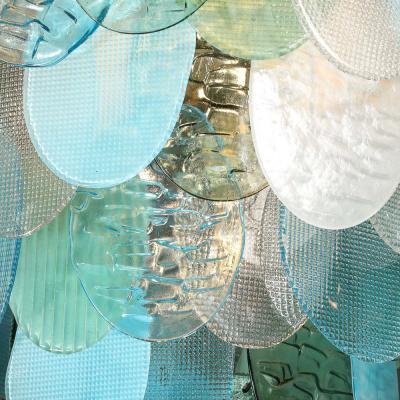 Modernist Hand Blown Murano 7 Tier Textural Disc Chandelier in Mixed Aquamarine