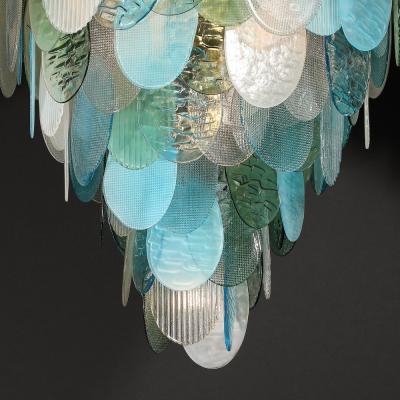 Modernist Hand Blown Murano 7 Tier Textural Disc Chandelier in Mixed Aquamarine