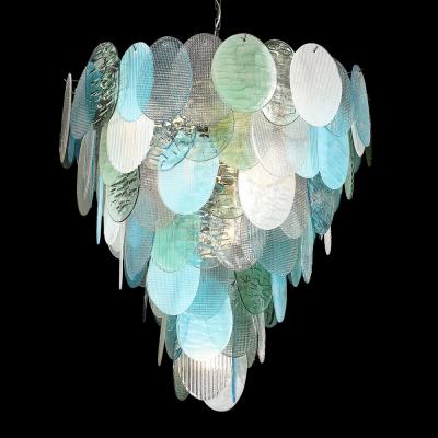 Modernist Hand Blown Murano 7 Tier Textural Disc Chandelier in Mixed Aquamarine