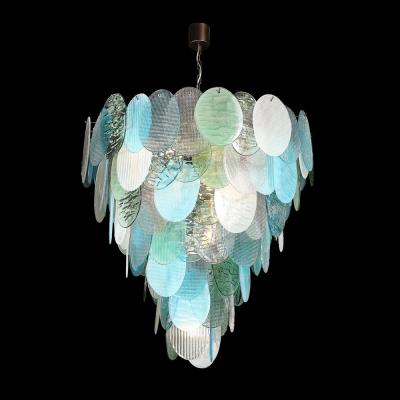 Modernist Hand Blown Murano 7 Tier Textural Disc Chandelier in Mixed Aquamarine