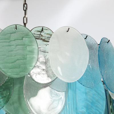 Modernist Hand Blown Murano 7 Tier Textural Disc Chandelier in Mixed Aquamarine