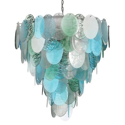 Modernist Hand Blown Murano 7 Tier Textural Disc Chandelier in Mixed Aquamarine