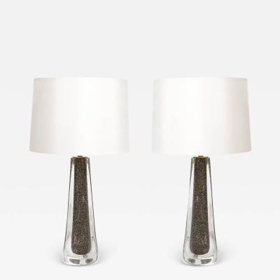 Modernist Hand Blown Murano Bullicante Detailed Glass Brass Fitted Table Lamps