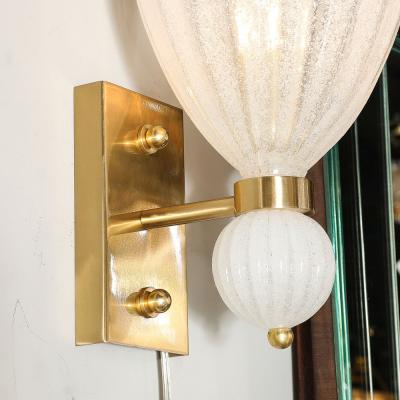 Modernist Hand Blown Murano Fluted Bullicante Glass Sconces w Orbital Drop