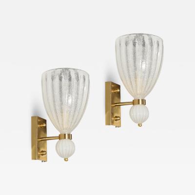 Modernist Hand Blown Murano Fluted Bullicante Glass Sconces w Orbital Drop