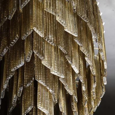 Modernist Hand Blown Murano Glass 6 Tier Oblong Reeded Paneled Glass Chandelier