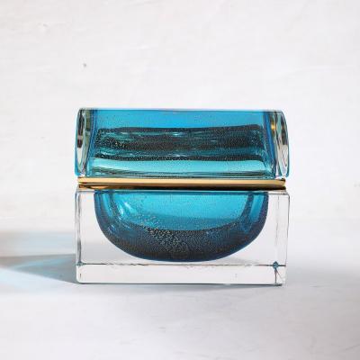 Modernist Hand Blown Murano Glass Box in Aquamarine w 24 Karat Gold Flecks
