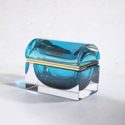 Modernist Hand Blown Murano Glass Box in Aquamarine w 24 Karat Gold Flecks