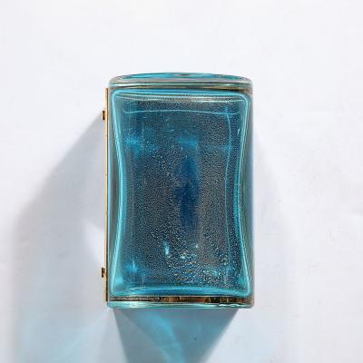 Modernist Hand Blown Murano Glass Box in Aquamarine w 24 Karat Gold Flecks