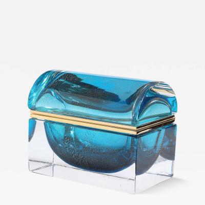 Modernist Hand Blown Murano Glass Box in Aquamarine w 24 Karat Gold Flecks