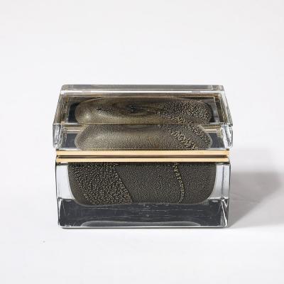 Modernist Hand Blown Murano Glass Box in Black W 24Karat Gold Flecks Brass