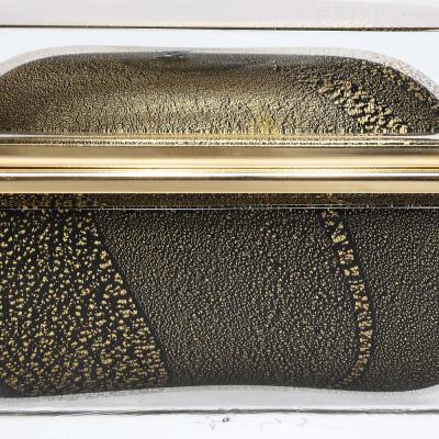 Modernist Hand Blown Murano Glass Box in Black W 24Karat Gold Flecks Brass