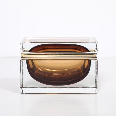 Modernist Hand Blown Murano Glass Box in Tobacco W Polished Brass Fittings
