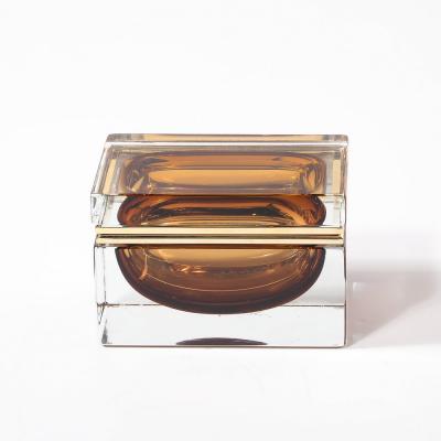 Modernist Hand Blown Murano Glass Box in Tobacco W Polished Brass Fittings