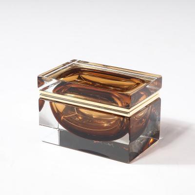 Modernist Hand Blown Murano Glass Box in Tobacco W Polished Brass Fittings