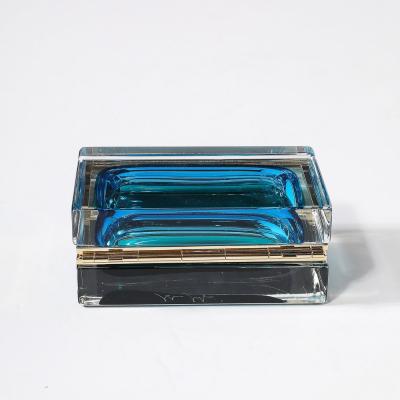 Modernist Hand Blown Murano Glass Box in Ultramarine Phthalo w Polished Brass