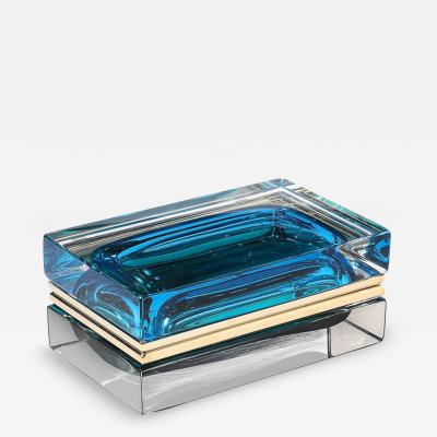 Modernist Hand Blown Murano Glass Box in Ultramarine Phthalo w Polished Brass