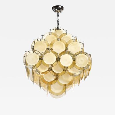 Modernist Hand Blown Murano Glass Pagoda Form Disc Chandelier in Citrine Hue