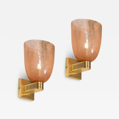 Modernist Hand Blown Murano Glass Pulegoso Sconces in Smoked Rose Brass