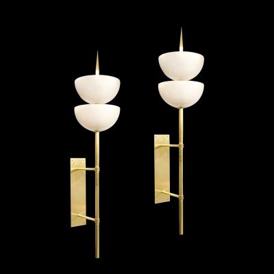 Modernist Hand Blown Murano Glass Reverse Dome Form Brushed Brass Sconces
