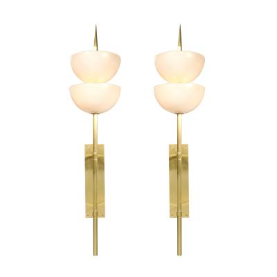 Modernist Hand Blown Murano Glass Reverse Dome Form Brushed Brass Sconces