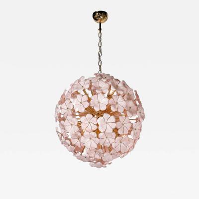Modernist Hand Blown Murano Glass Sakura Pink Floral Chandelier Brass Fittings