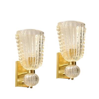 Modernist Hand Blown Murano Glass Sconces W Ruffled Detailing 24K Gold Flecks