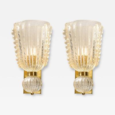 Modernist Hand Blown Murano Glass Sconces W Ruffled Detailing 24K Gold Flecks