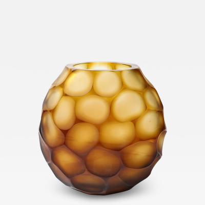 Modernist Hand Blown Murano Glass Vase in Amber W Battuto Detailing