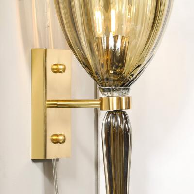 Modernist Hand Blown Murano Iridescent Smoked Emerald Fluted Glass Sconces