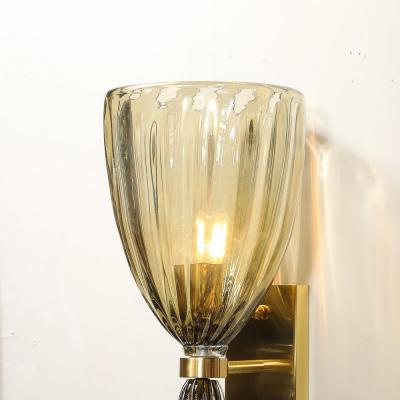 Modernist Hand Blown Murano Iridescent Smoked Emerald Fluted Glass Sconces