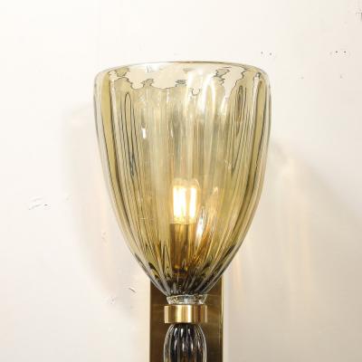 Modernist Hand Blown Murano Iridescent Smoked Emerald Fluted Glass Sconces