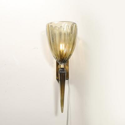 Modernist Hand Blown Murano Iridescent Smoked Emerald Fluted Glass Sconces
