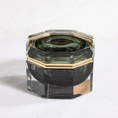 Modernist Hand Blown Murano Octagonal Glass Box in Emerald w Brass Fittings