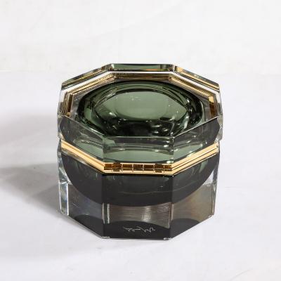 Modernist Hand Blown Murano Octagonal Glass Box in Emerald w Brass Fittings