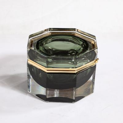 Modernist Hand Blown Murano Octagonal Glass Box in Emerald w Brass Fittings