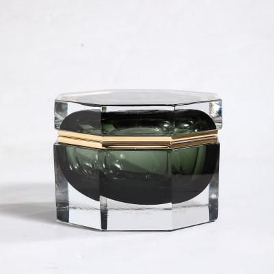 Modernist Hand Blown Murano Octagonal Glass Box in Emerald w Brass Fittings