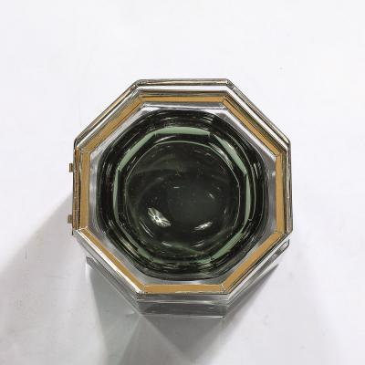 Modernist Hand Blown Murano Octagonal Glass Box in Emerald w Brass Fittings