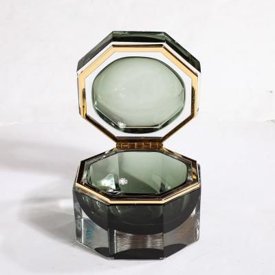 Modernist Hand Blown Murano Octagonal Glass Box in Emerald w Brass Fittings