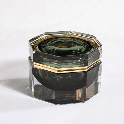Modernist Hand Blown Murano Octagonal Glass Box in Emerald w Brass Fittings