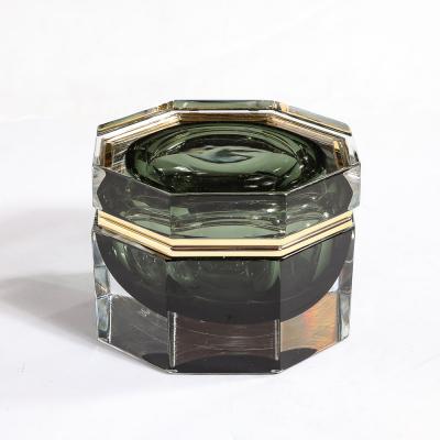Modernist Hand Blown Murano Octagonal Glass Box in Emerald w Brass Fittings