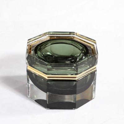 Modernist Hand Blown Murano Octagonal Glass Box in Emerald w Brass Fittings